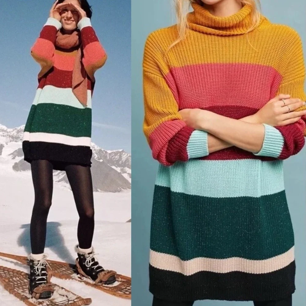 Farm Rio Anthropologie Boldly Striped Turtleneck Sweater Mini Dress Sparkle